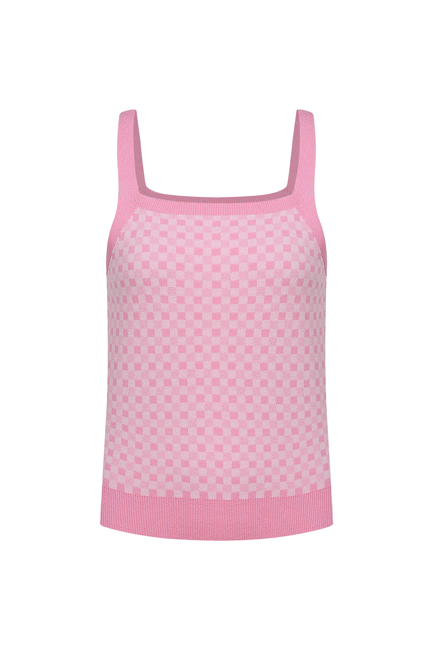 Gingham Check Sleeveless Knit Top-Pink