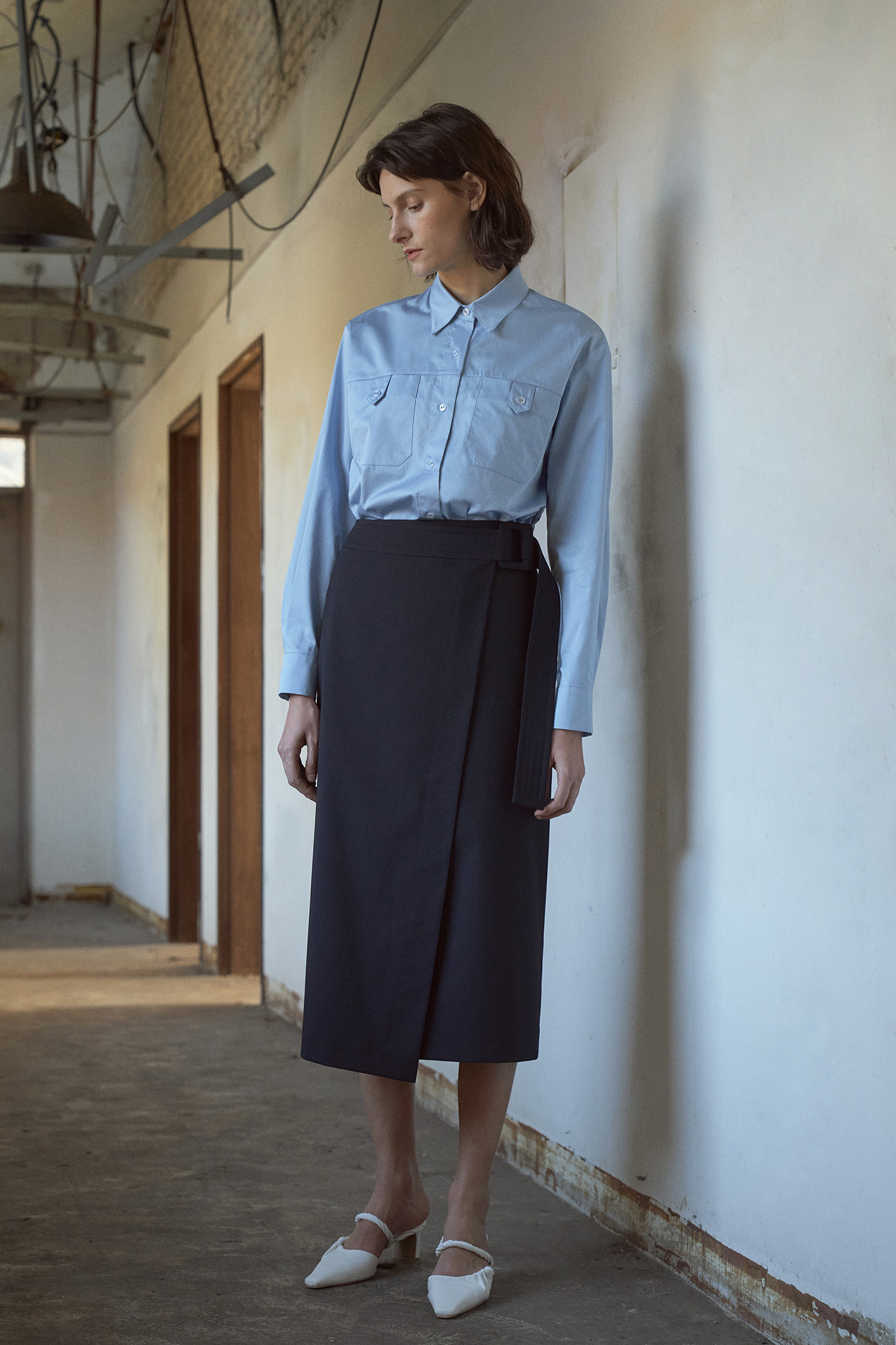 [박하나 착용]Wool Stitch lap skirt-Navy