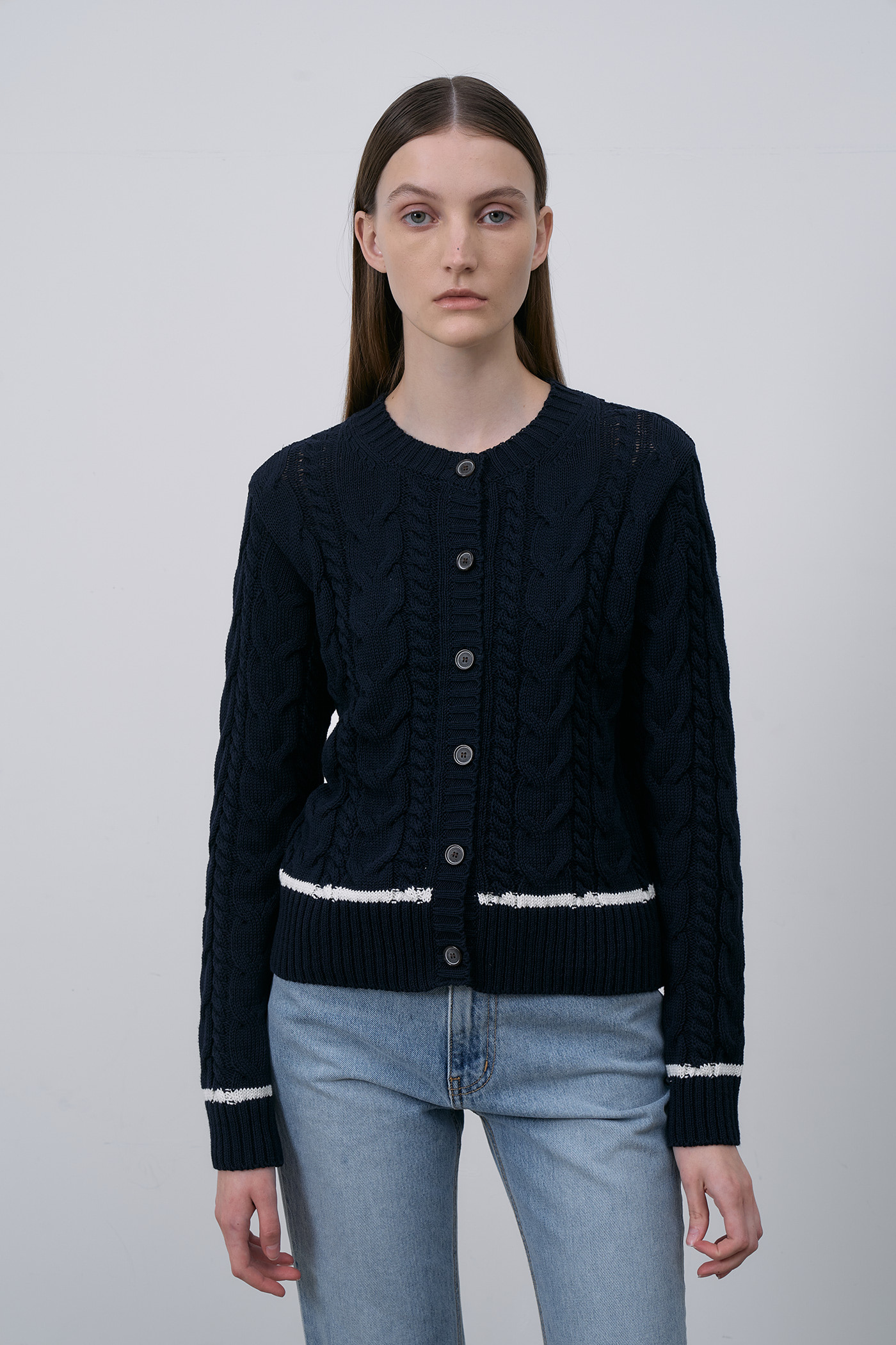 Cotton cable Cardigan-Navy