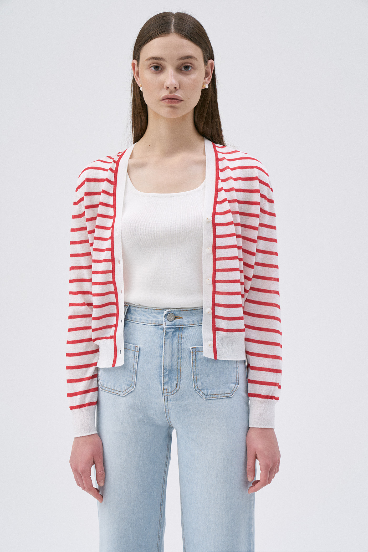 Linen Stripe Cardigan-Red