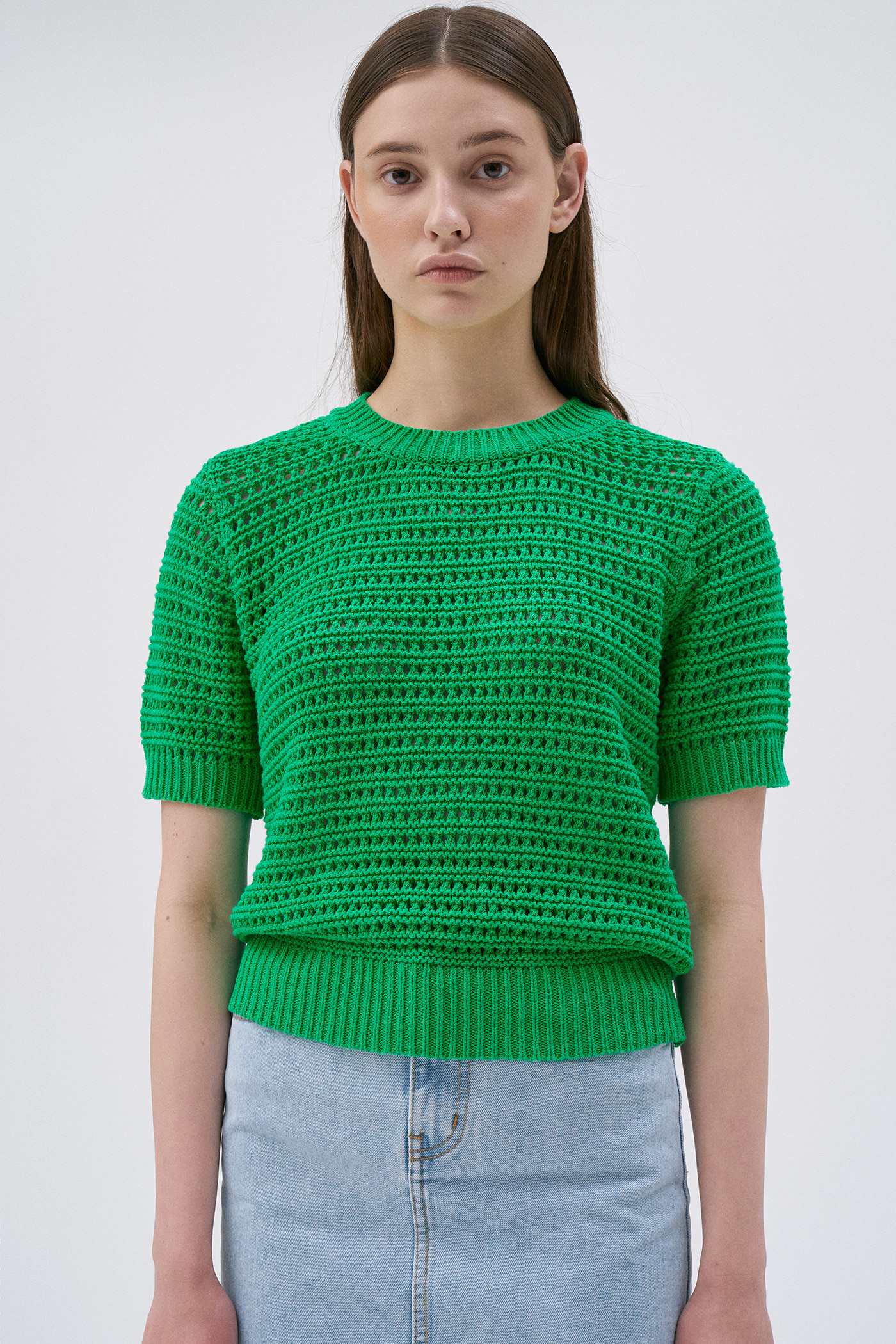&#039;아유미 착용&#039;Crew Neck Crochet Knit Top-Green