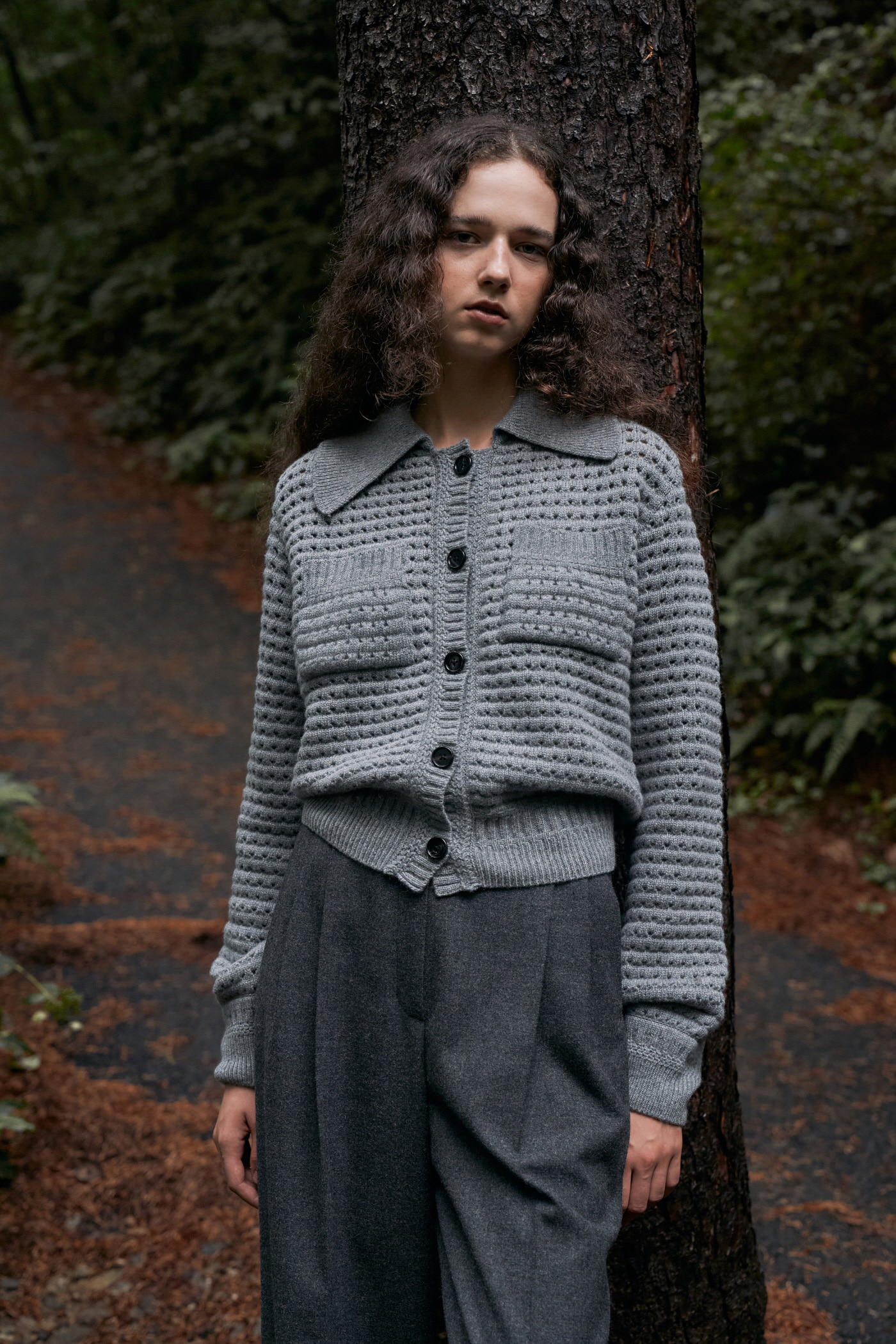 Wool Crochet Collar Cardigan[LMBBWIKN152]-Melange Gray
