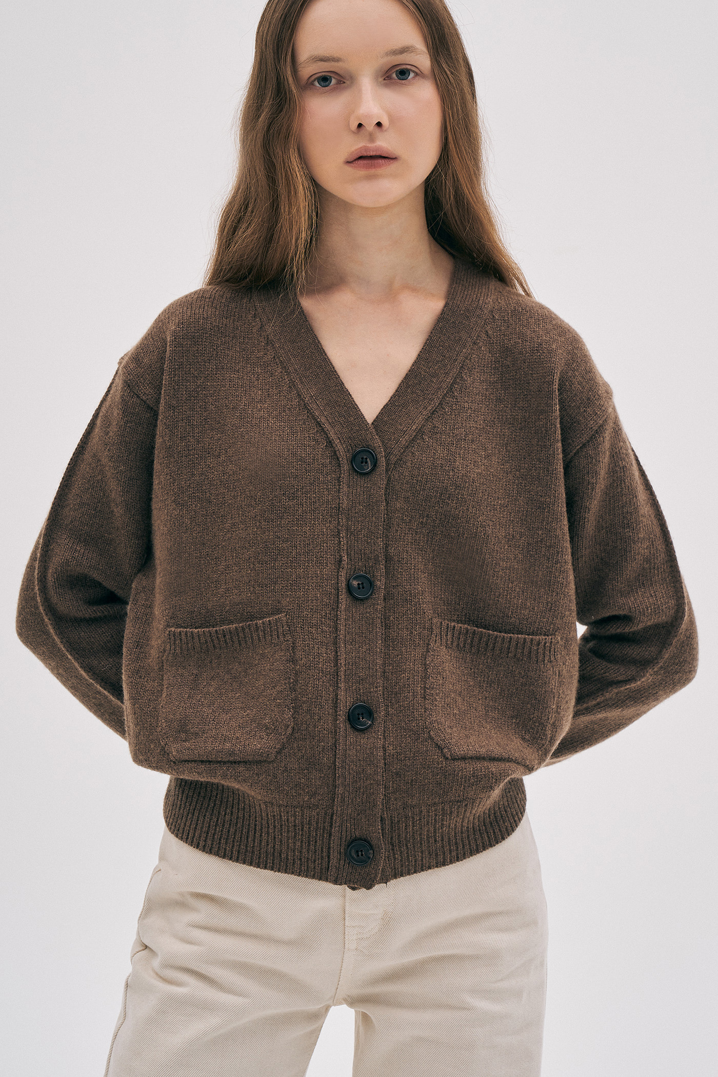 [SAMPLE]Wool V-Pocket Cardigan[LMBBWIKN146]-Melange Brown