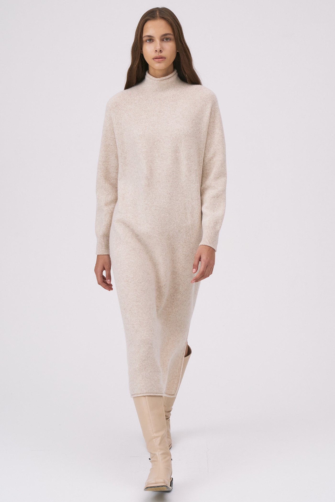 Merino Wool 100 Wholegarment Knit Dress[LMBBWIKN159]-Oatmeal